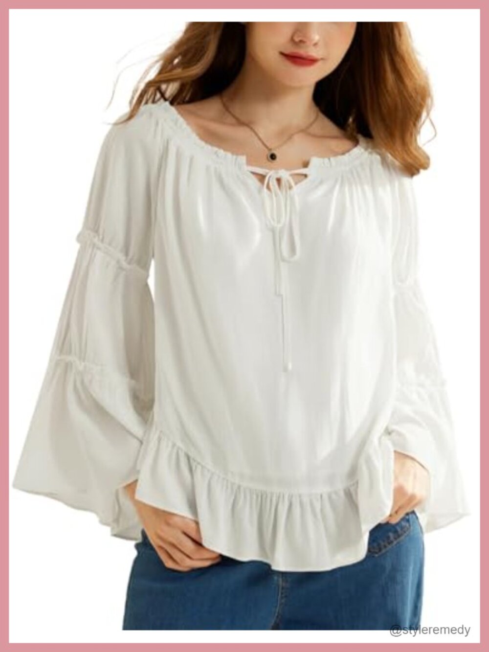 Women's Bell Sleeve Off Shoulder Peasant Blouse Ruffle Drawstring Neck